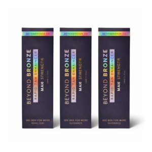 Three purple Beyond Bronze Rapid Tan Enhancer boxes.