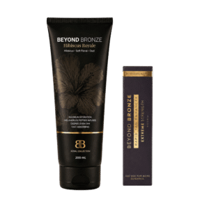 Beyond Bronze tanning lotion tube and rapid tan enhancer box.