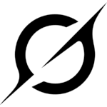 Minimalist black circular logo with a sharp diagonal line.