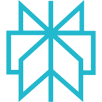 Stylized cyan geometric emblem with symmetrical angular shapes.